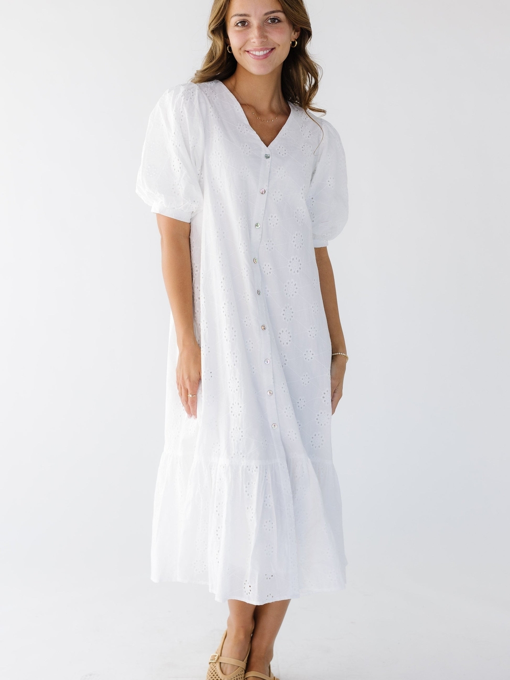 Elegant White Eyelet Button-Front Midi Dress